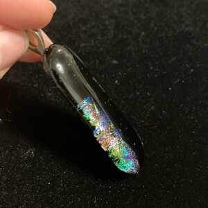 Black dichroic fused glass Pendant with Iridescent Accents